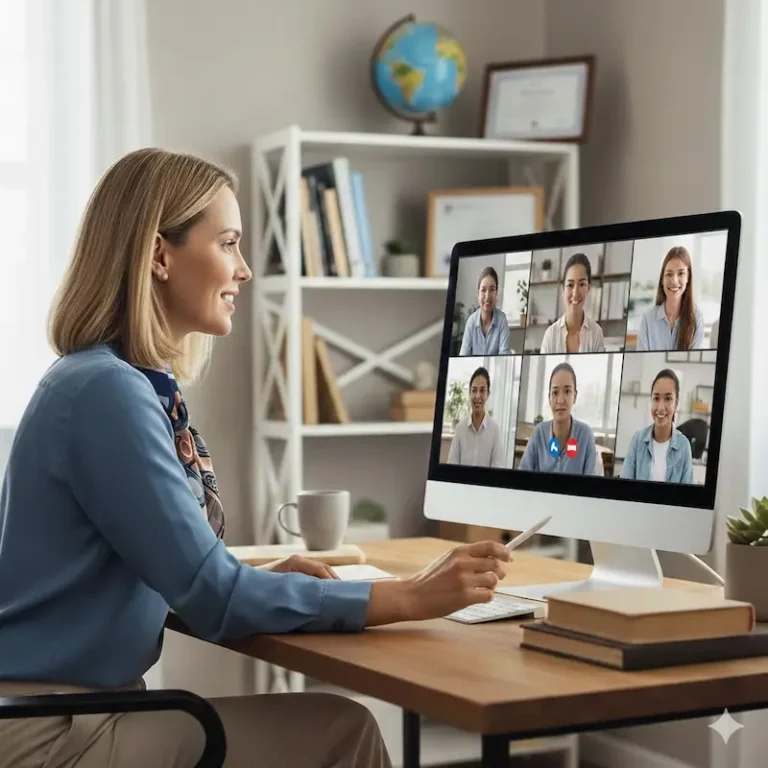 Professional English teacher conducting online video lesson with student